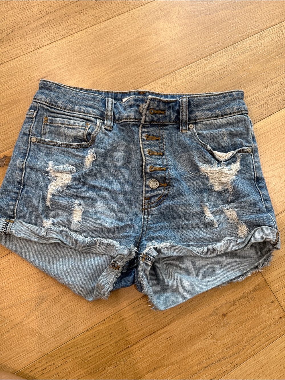 Eunina Distressed High-Waist Denim Shorts